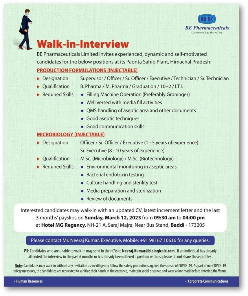 BE Pharma Walk-In interview for Production, Microbiology