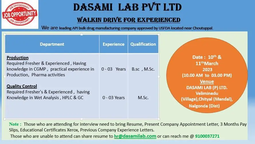 Dasami Labs Walk-In Interviews for Freshers & Experienced Production / Quality Control
