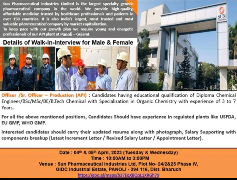 Sun Pharma – Walk-In-Interview for Officer / Sr. Officer – Production on 04th & 05th April, 2023