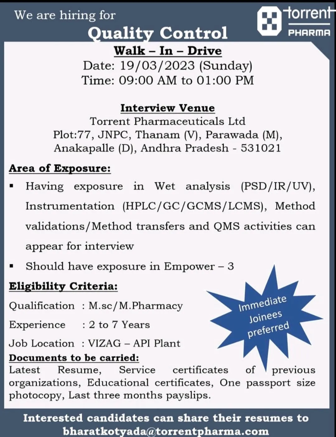 Quality Control Torrent Pharma Walk In Interview at Visakhapatnam