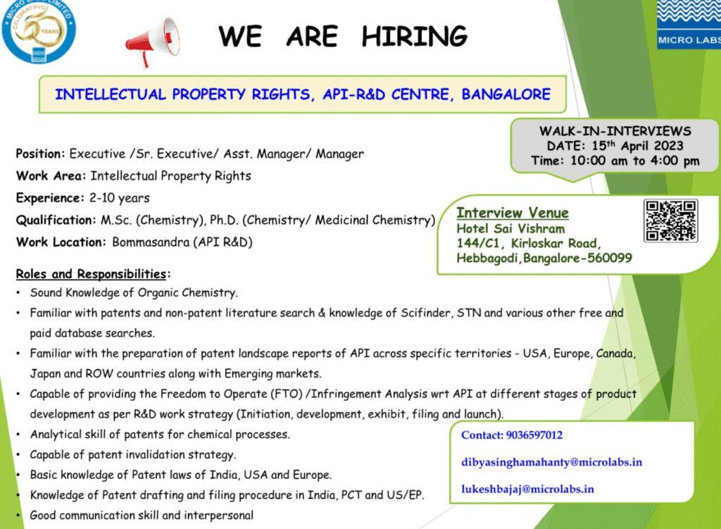 Micro Labs is Hiring for Intellectual Property Rights Positions in Bangalore