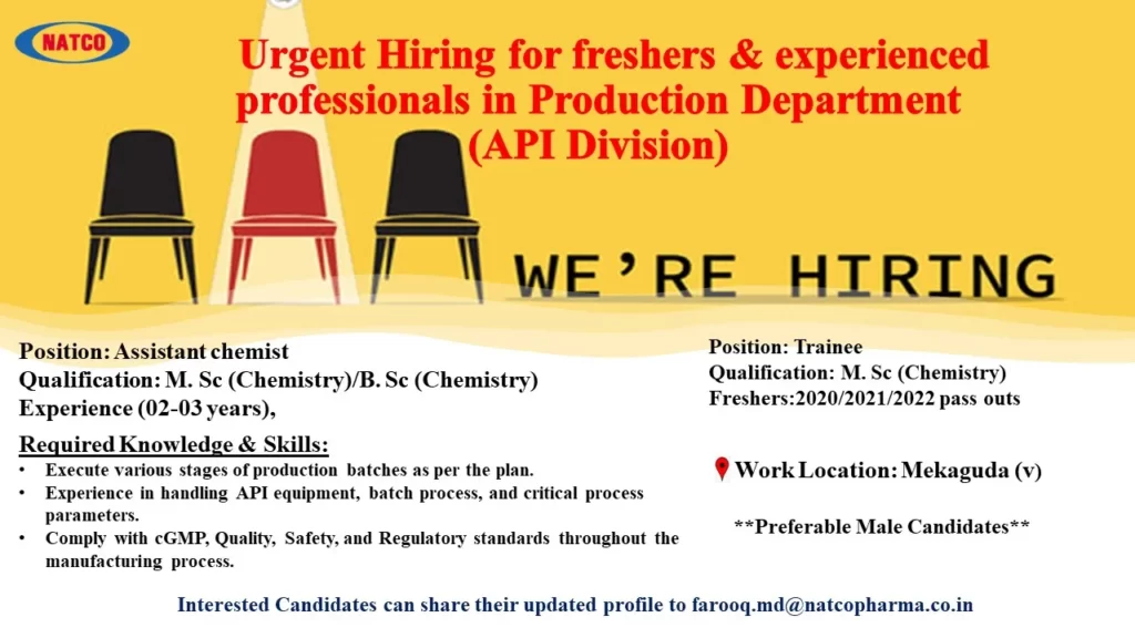 Natco pharma jobs; Trainee and Assistant Chemist in API Division Production Department