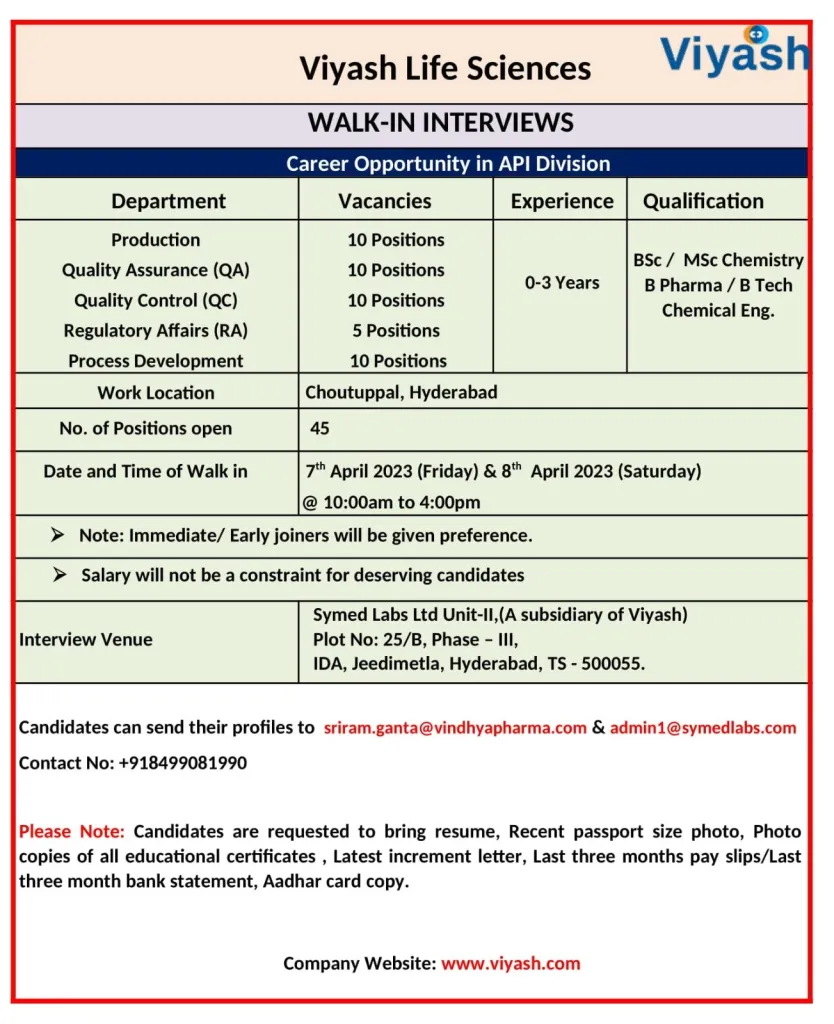 Viyash Life Sciences Pvt Ltd Walk-in Drive for Freshers and Experienced in Multiple Departments
