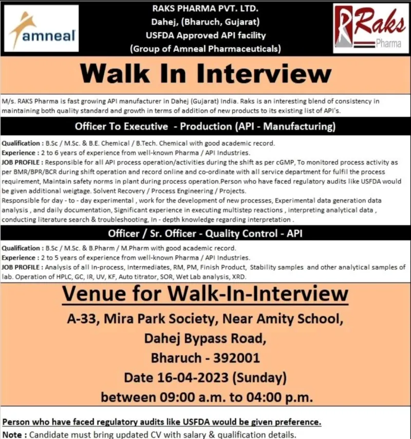 RAKS PHARMA Walk-in interview for Officer to Executive – QC, Production (API – Manufacturing