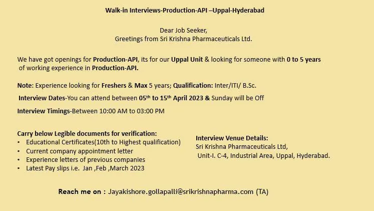  Job Opening for Production-API at Sri Krishna Pharmaceuticals Ltd. in Hyderabad