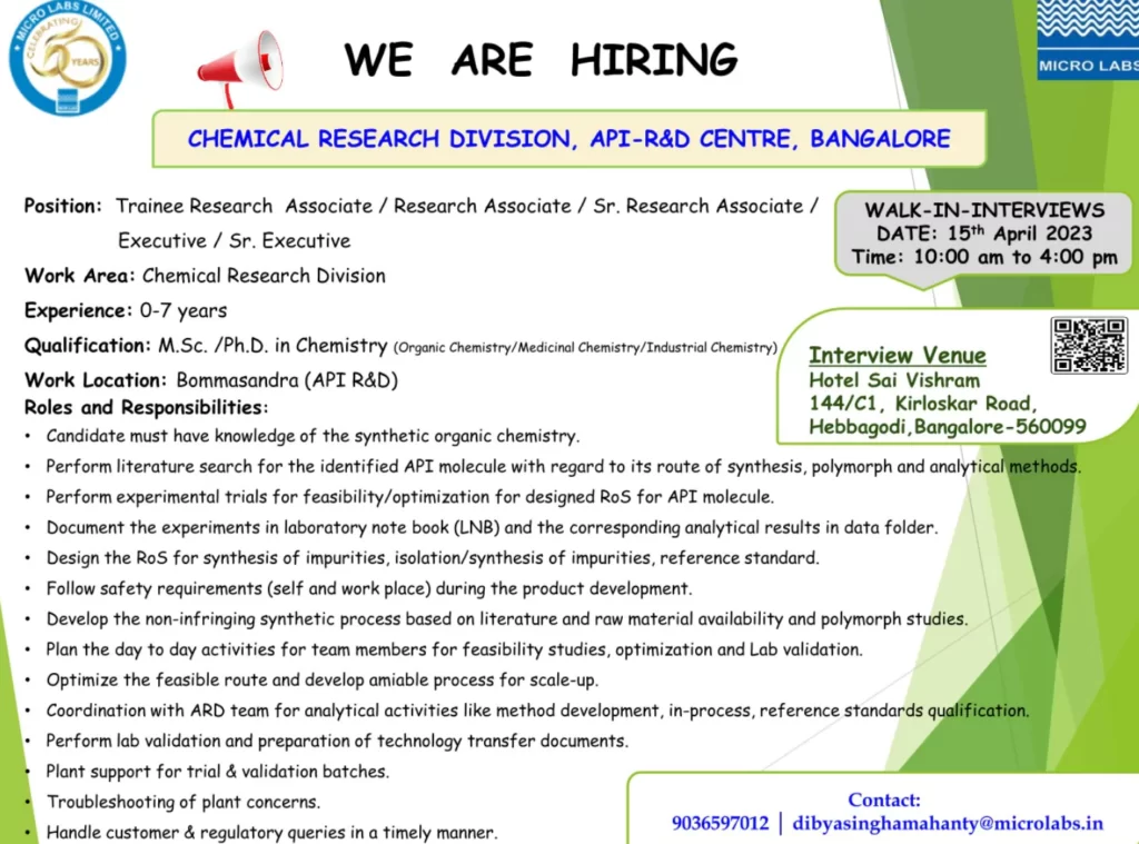 Micro labs Chemical Research Division walk in – Fresher & Experience