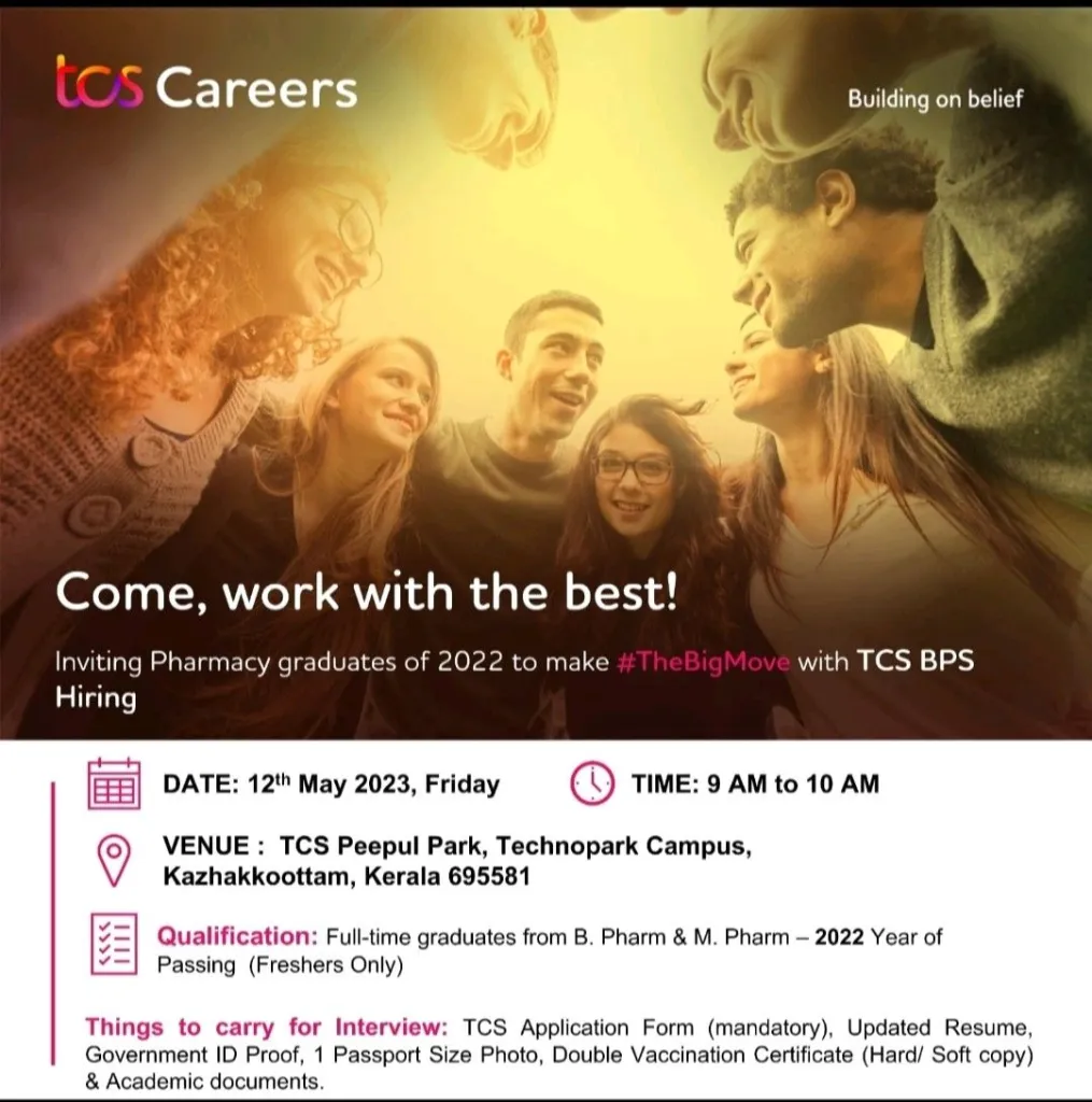 Tata Consultancy Services Limited (TCS) Conducting walk-in interviews in Kerala for pharmacy candidates.