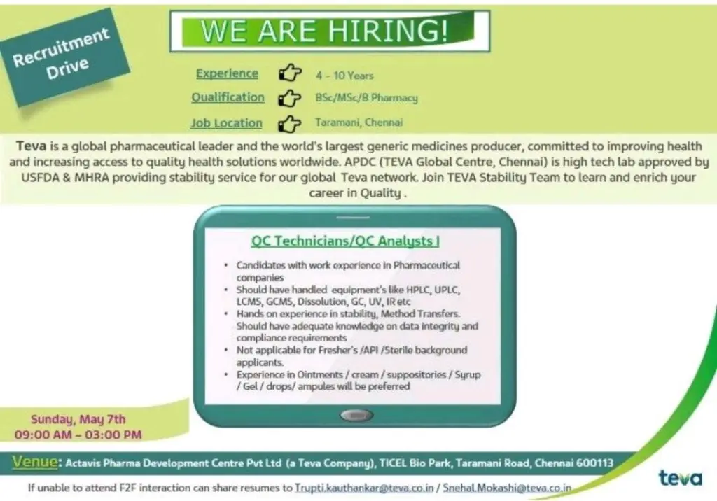 Teva Pharmaceuticals Walk-in Drive for Technicians / QC Analysts I