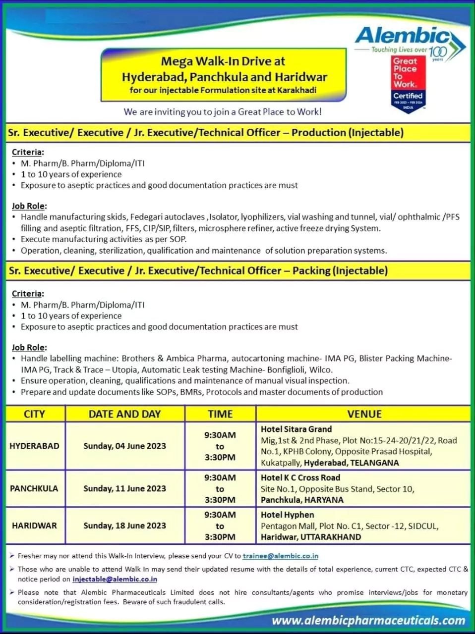 Alembic Pharmaceuticals Mega walk in Drive for M Pharma, B Pharmacy, Diploma, ITI candidates