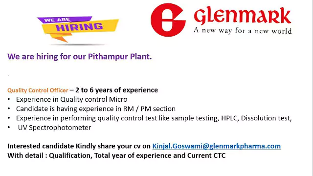 Glenmark Pharma Hiring For QC Microbiology officer for Pithampur Plant