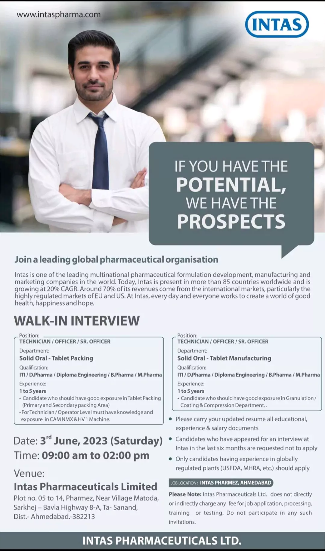 Intas Pharmaceuticals walk in interview for Multiple job openings @ Ahmedabad 2 Intas Pharmaceuticals walk in interview for Multiple job openings @ Ahmedabad