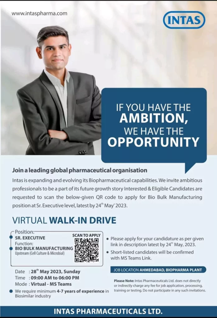 Intas Pharmaceuticals VIRTUAL WALK-IN DRIVE on 28th May @ Ahmedabad