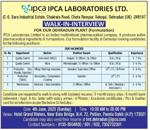 IPCA LABORATORIES LTD walk in interview for Quality control, production, Maintenance Departments