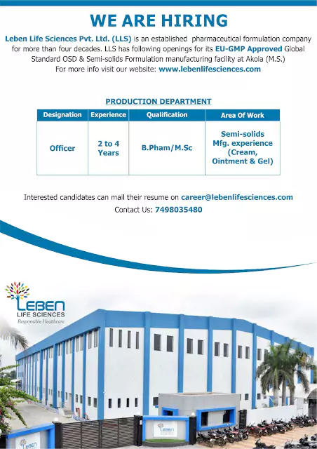 Leben Life Sciences Hiring For Officer Production Department