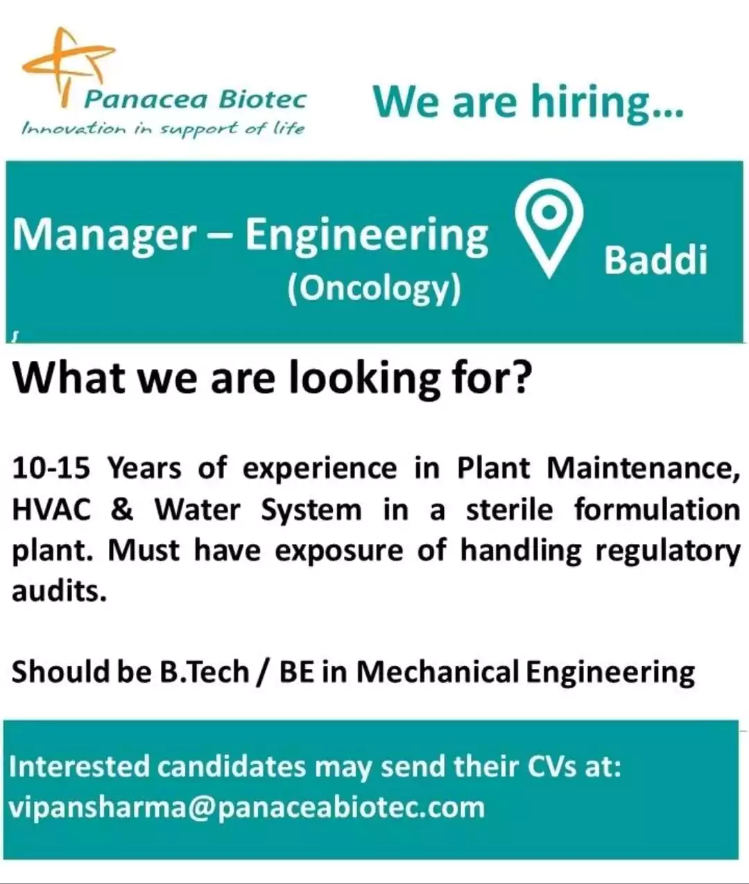 Panacea Biotec Hiring for Engineering (Oncology) Department; Manager position