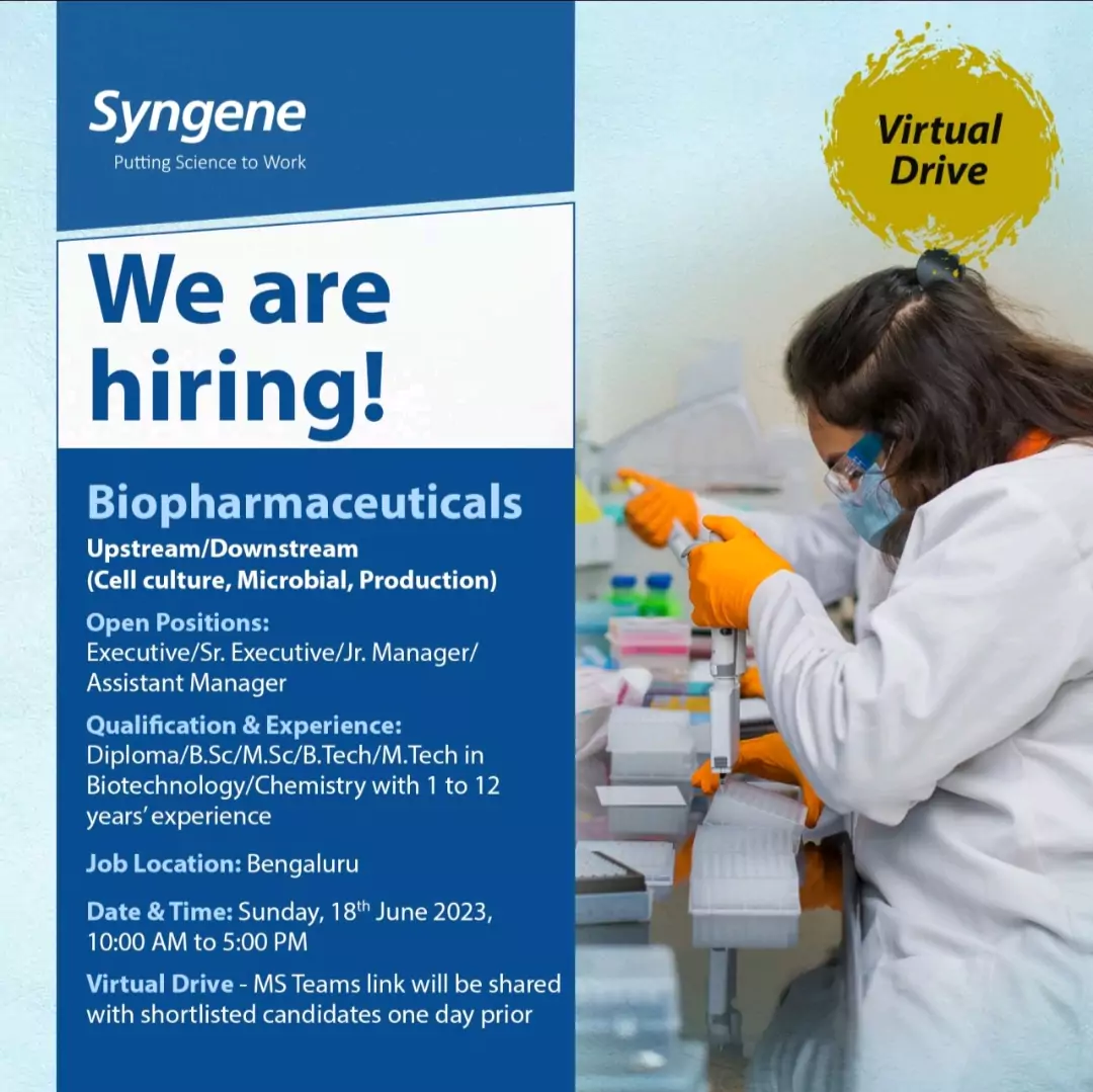 Syngene international Labs limited Hiring for Diploma,BSC, MSC, B Tech, M Tech in Biotechnology, Chemistry candidates @ Bangalore