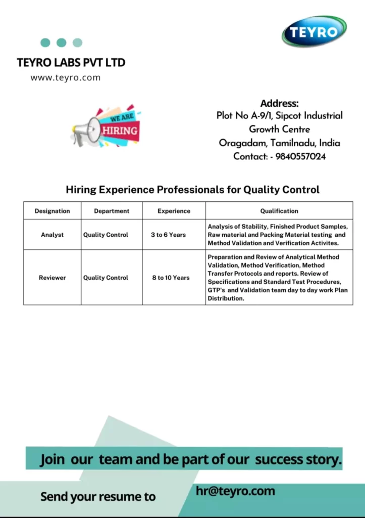 TEYRO LABS PVT LTD Hiring for Quality control Department 1 TEYRO LABS PVT LTD Hiring for Quality control Department