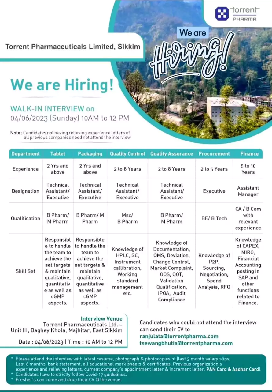 Torrent Pharmaceuticals Limited walk in interview for Tablet, Quality control, Quality Assurance, packing, procurement, Finance Departments