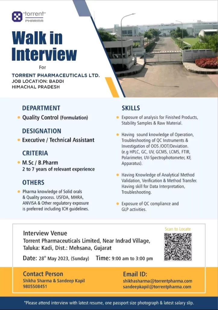 Torrent Pharmaceuticals walk in interview for Quality control (Formulation) Departments; MSC,B Pharmacy candidates