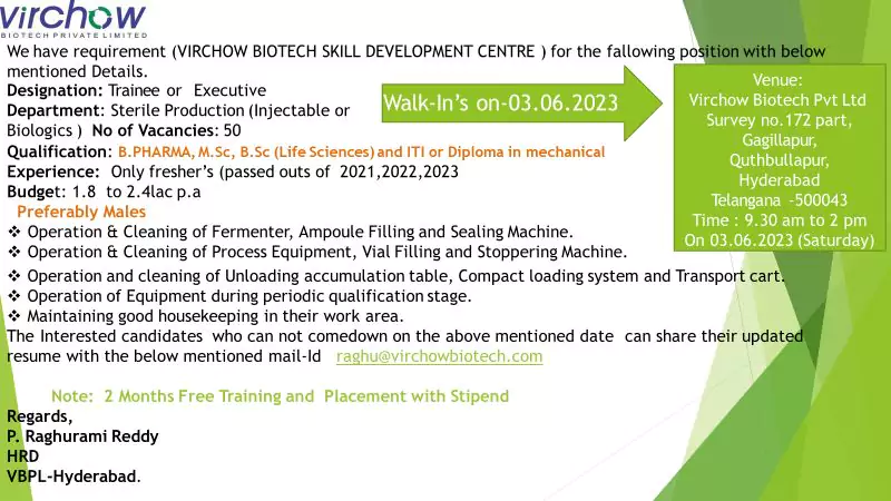 50+Virchow Biotech Fresher jobs - B.PHARMA, M.Sc, B.Sc (Life Sciences), ITI, or Diploma