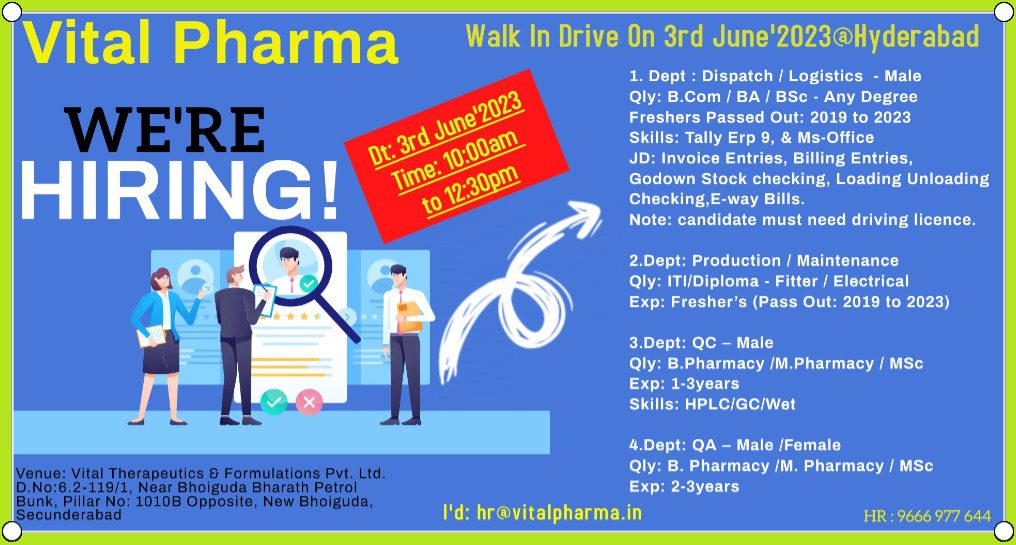 Vital Pharma walk in interview for Quality Assurance, Quality control, production, Maintenance,Dispatch, Logistics Departments