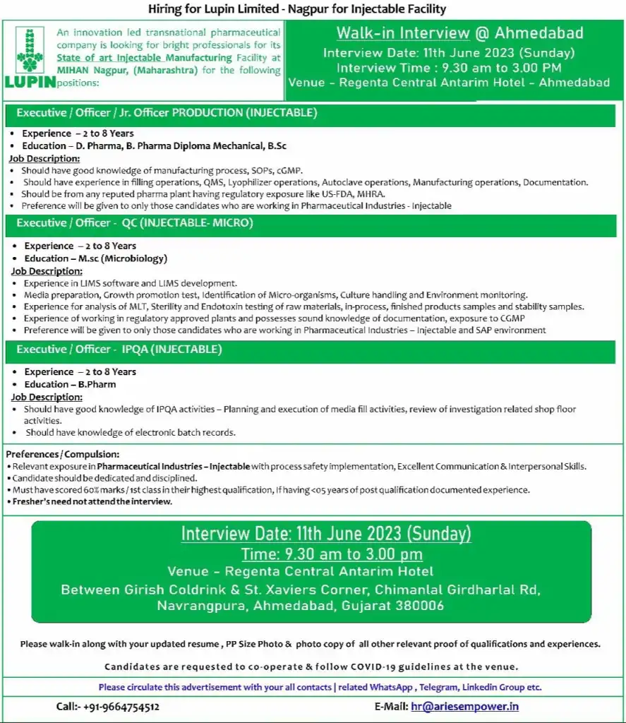 Lupin pharma walk in interview - Production, QC, Microbiology, IPQA Lupin pharma walk in interview