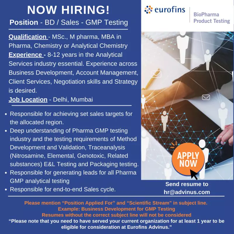 Eurofins BioPharma Product Testing is currently hiring for the position of BD/Sales - GMP Testing.