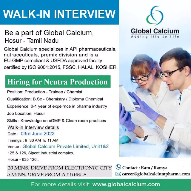 Global calcium Hiring for BSC - Chemistry, Diploma Chemical candidates (Freshers also consider)