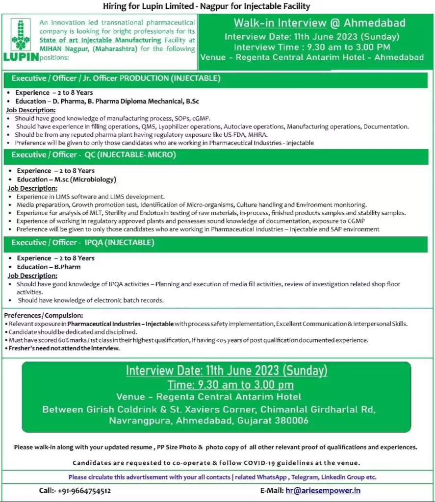 Lupin Limited Hiring for D Pharma, B Pharmacy Diploma Mechanical, BSC ,MSC (Microbiology) candidates @ Ahmedabad