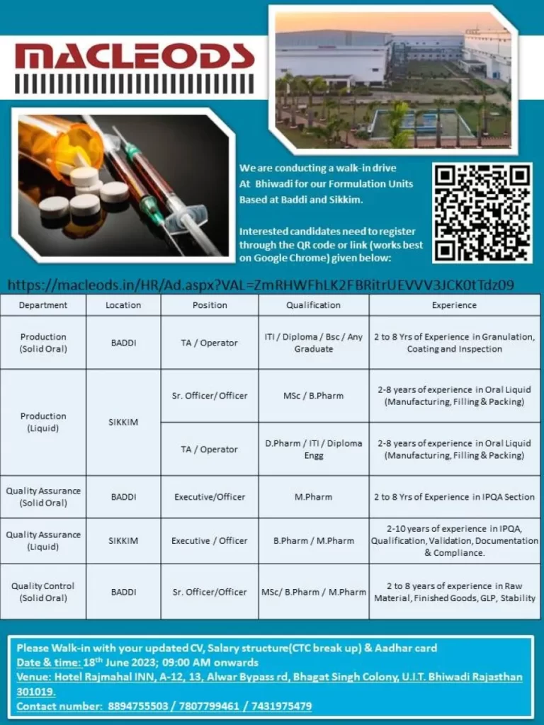 MACLEODS WALK-IN DRIVE AT BHIWADI: Opportunities in Production and Quality Assurance MACLEODS WALK-IN DRIVE AT BHIWADI: Opportunities in Production and Quality Assurance