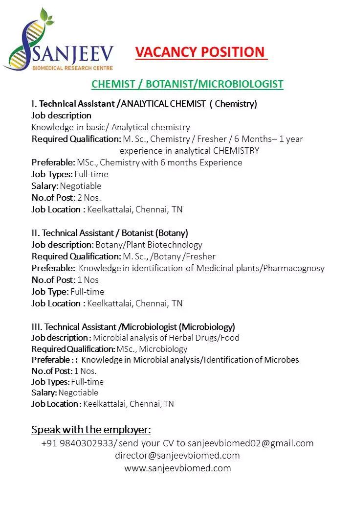 Vacancies For Freshers Msc Chemistry, Microbiology At Sanjeev ...