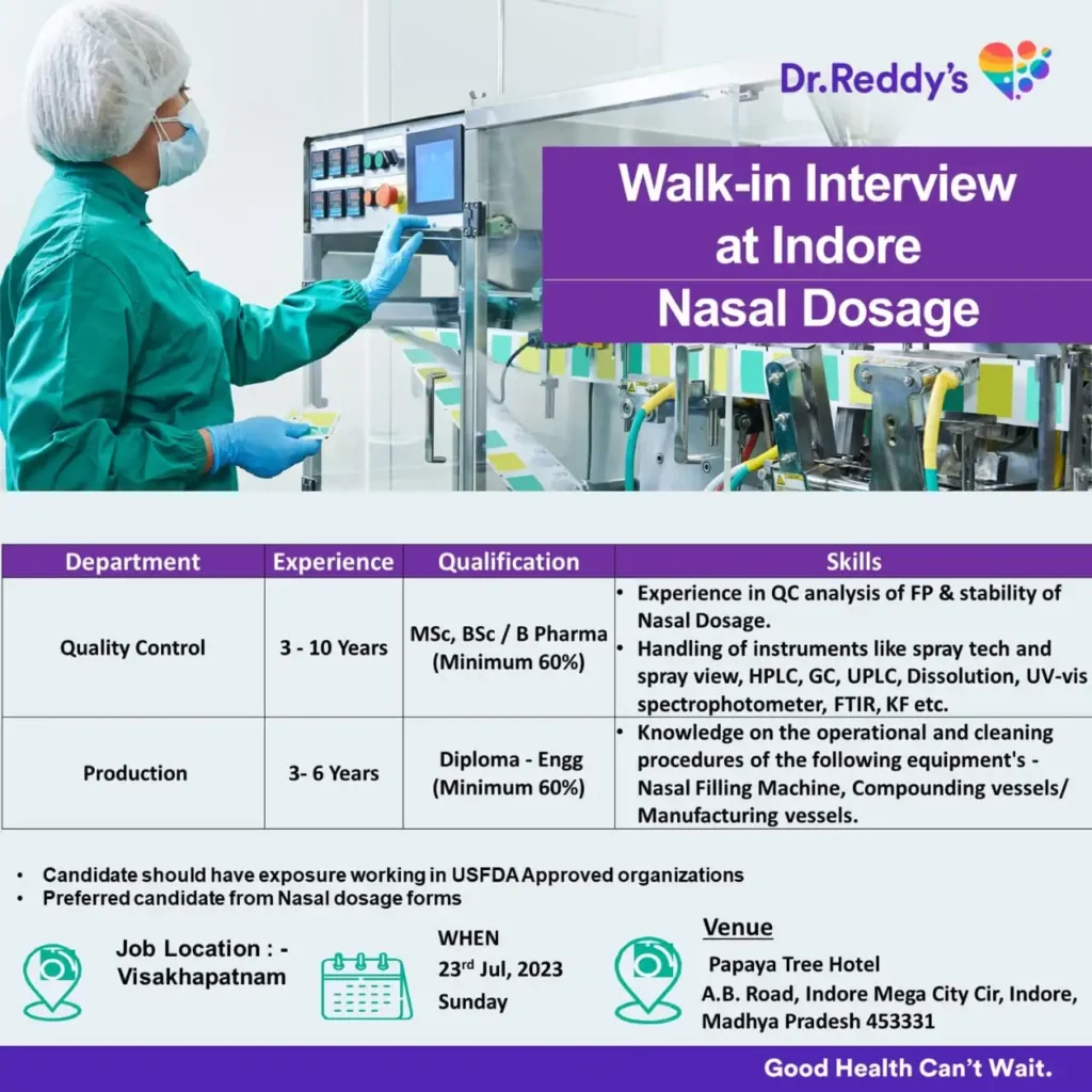 Dr. Reddy's Walk-in Interview at Indore Nasal Dosage Department: Quality Control and Production Roles