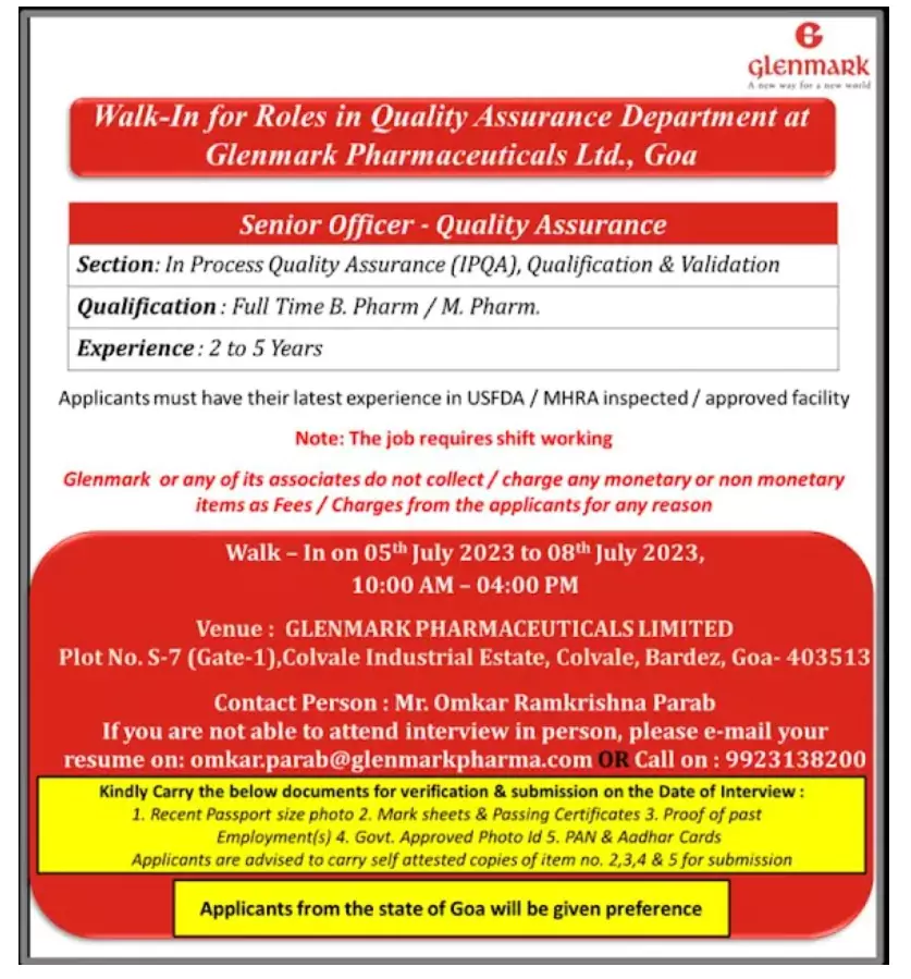 Glenmark Pharmaceuticals Ltd Hiring for Quality Assurance Departments
