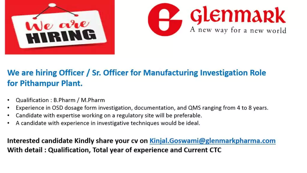 GLENMARK pharmaceuticals Hiring for Officer, Sr. Officer positions; B Pharmacy, M Pharma candidates