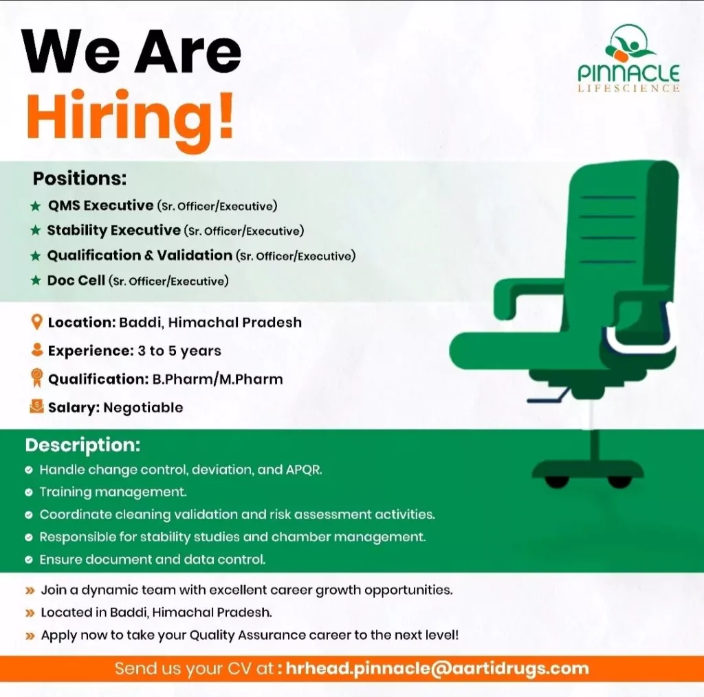 PINNACLE LIFESCIENCES Hiring for B Pharmacy, M Pharma candidates