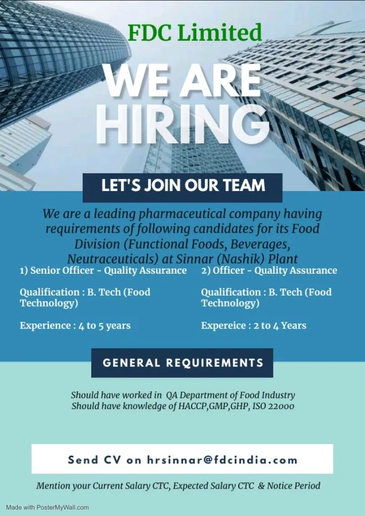 FDC Limited hiring QA Officer/ Sr. officer - B.Tech (Food Technology) 1 Career Opportunities at FDC Limited: Join a Leading Pharmaceutical Company