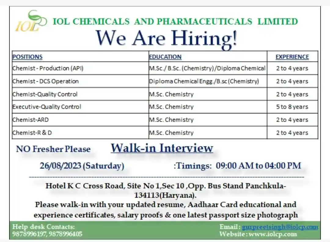 IOL Chemicals & Pharmaceuticals Limited multiple job vacancies 1 IOL Chemicals & Pharmaceuticals Limited multiple job vacancies
