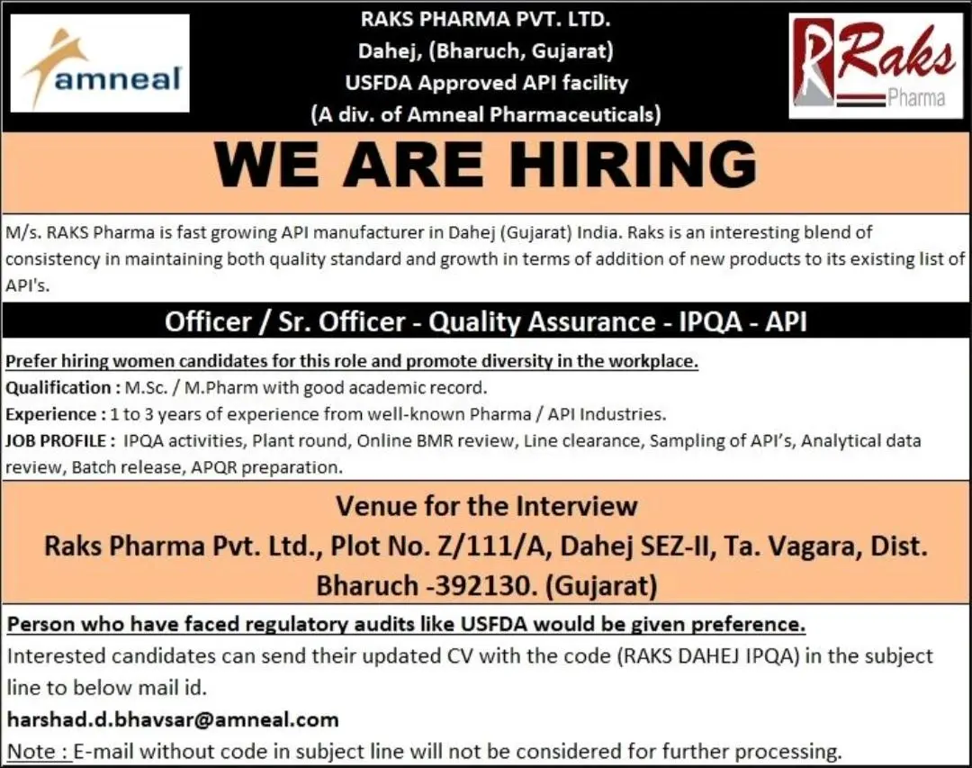 RAKS Pharma Career Opportunities in Quality Assurance - IPQA - API