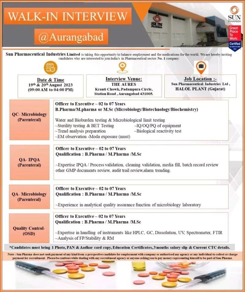 Sun Pharma Walk-In Interview Aurangabad: QC, QA - Microbiology (Parenteral), QA- IPQA, Quality Control- (OSD) 1 Sun Pharma Walk-In Interview Aurangabad QC, QA - Microbiology (Parenteral), QA- IPQA, Quality Control- (OSD)