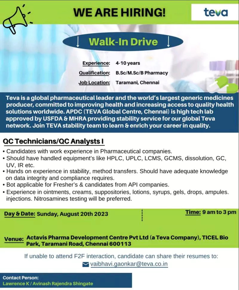 Teva Walk-In Drive QC TechniciansQC Analysts I