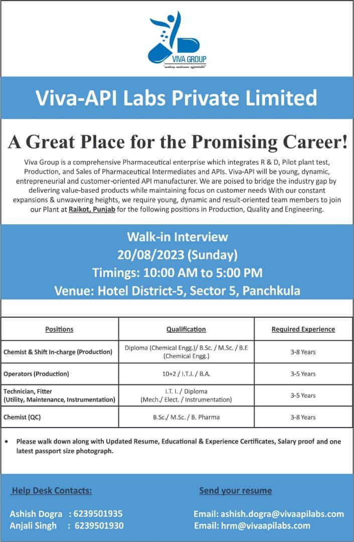 Viva-API Labs walk in interview: QC, Production and Engineering 