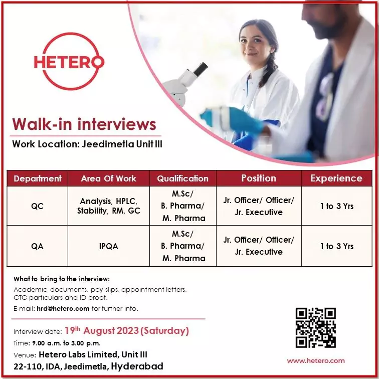 Walk-in Interviews at HETERO Join QC and QA Teams