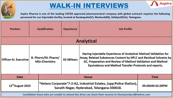 Aspiro Pharma Job Vacancies in Hyderabad - Walk-in Interviews