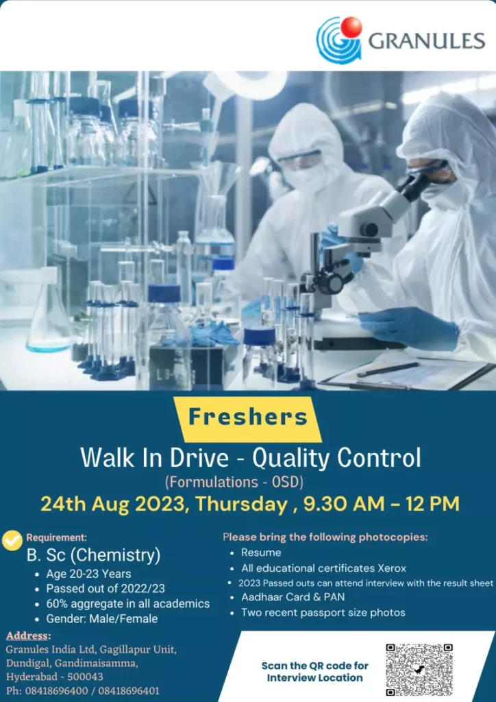 Granules Walk-In Drive for Freshers in Quality Control! 1 Granules Walk-In Drive for Freshers in Quality Control!