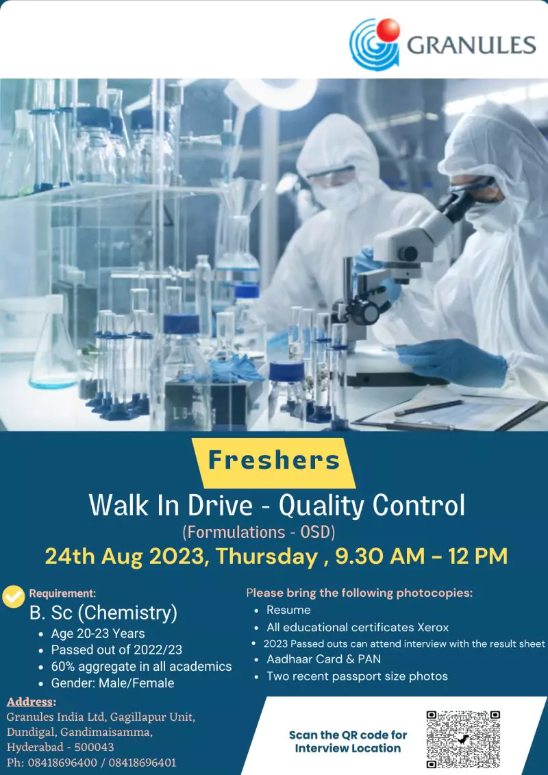 Granules Walk-In Drive for Freshers in Quality Control! 2 Granules Walk-In Drive for Freshers in Quality Control!