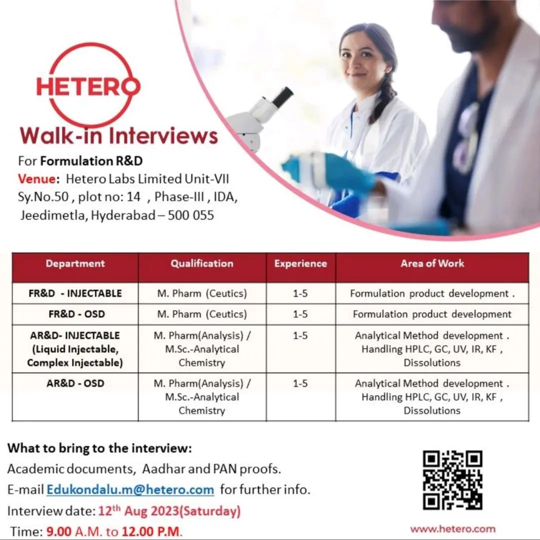 Hetero Pharma Job Vacancies in Hyderabad - Walk-in Interviews for Formulation R&D 2 Hetero Pharma Job Vacancies in Hyderabad - Walk-in Interviews for Formulation R&D