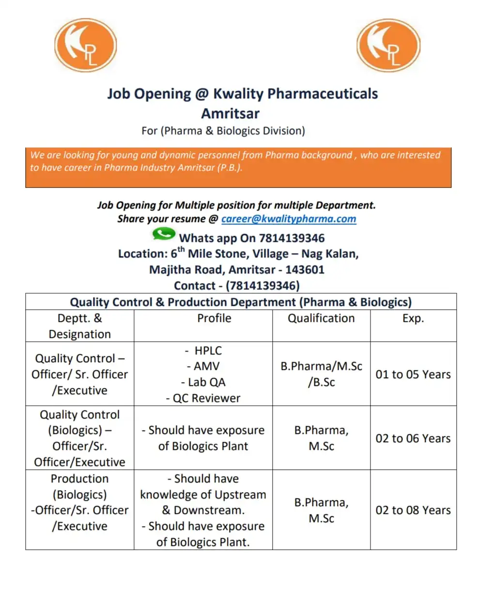 Kwality Pharmaceuticals, Amritsar jobs: Quality Control, Production (Biologics), Quality control