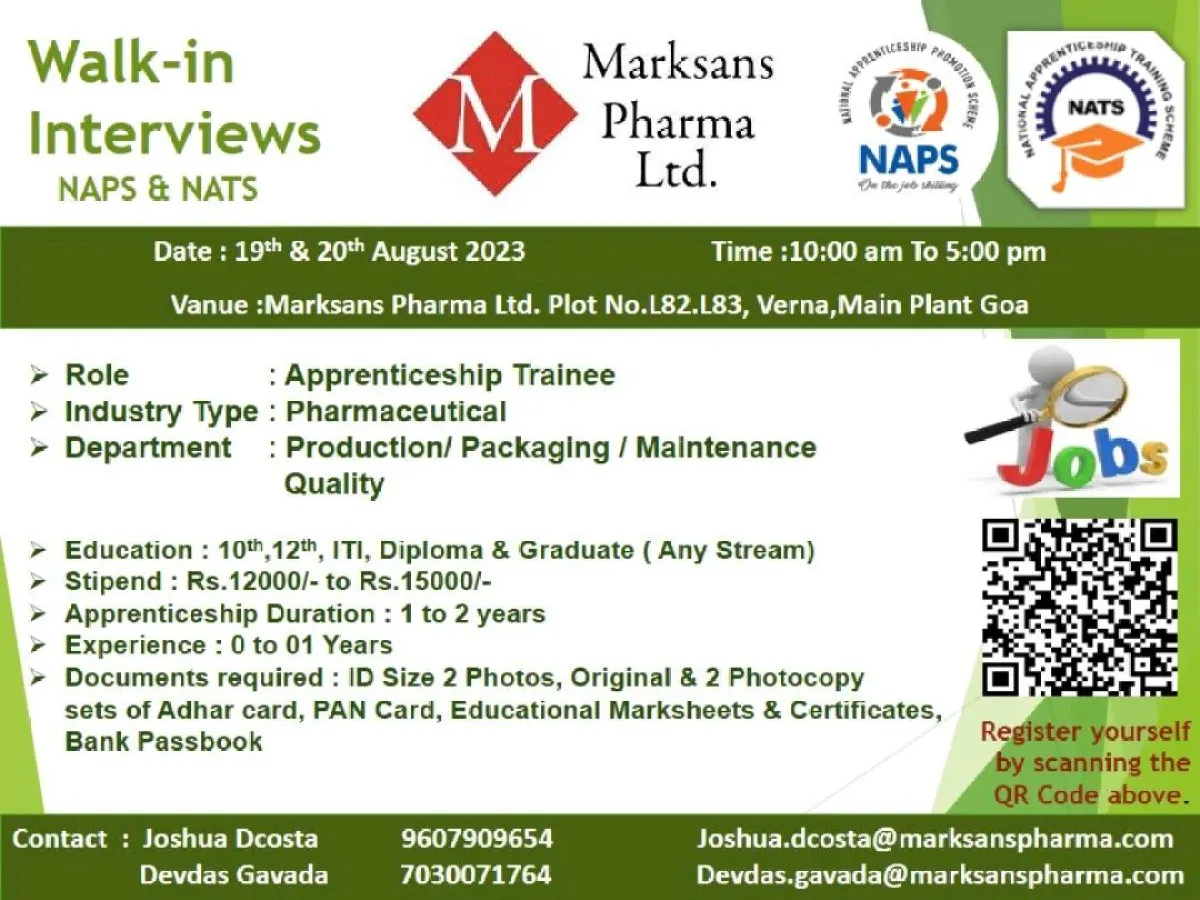 Walk-in Interviews for Apprenticeship Trainees at Marksans M Pharma Ltd. Walk-in Interviews for Apprenticeship Trainees at Marksans M Pharma Ltd.