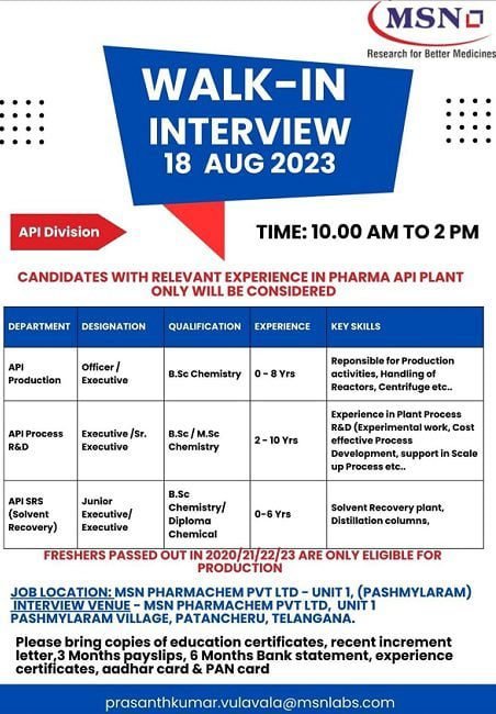 MSN Laboratories Walk-In Interview for fresher & experienced