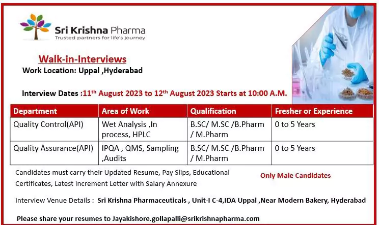 Sri Krishna Pharmaceuticals Pharma Job Vacancies in Hyderabad - Walk-in-Interviews 1 Sri Krishna Pharmaceuticals Pharma Job Vacancies in Hyderabad - Walk-in-Interviews